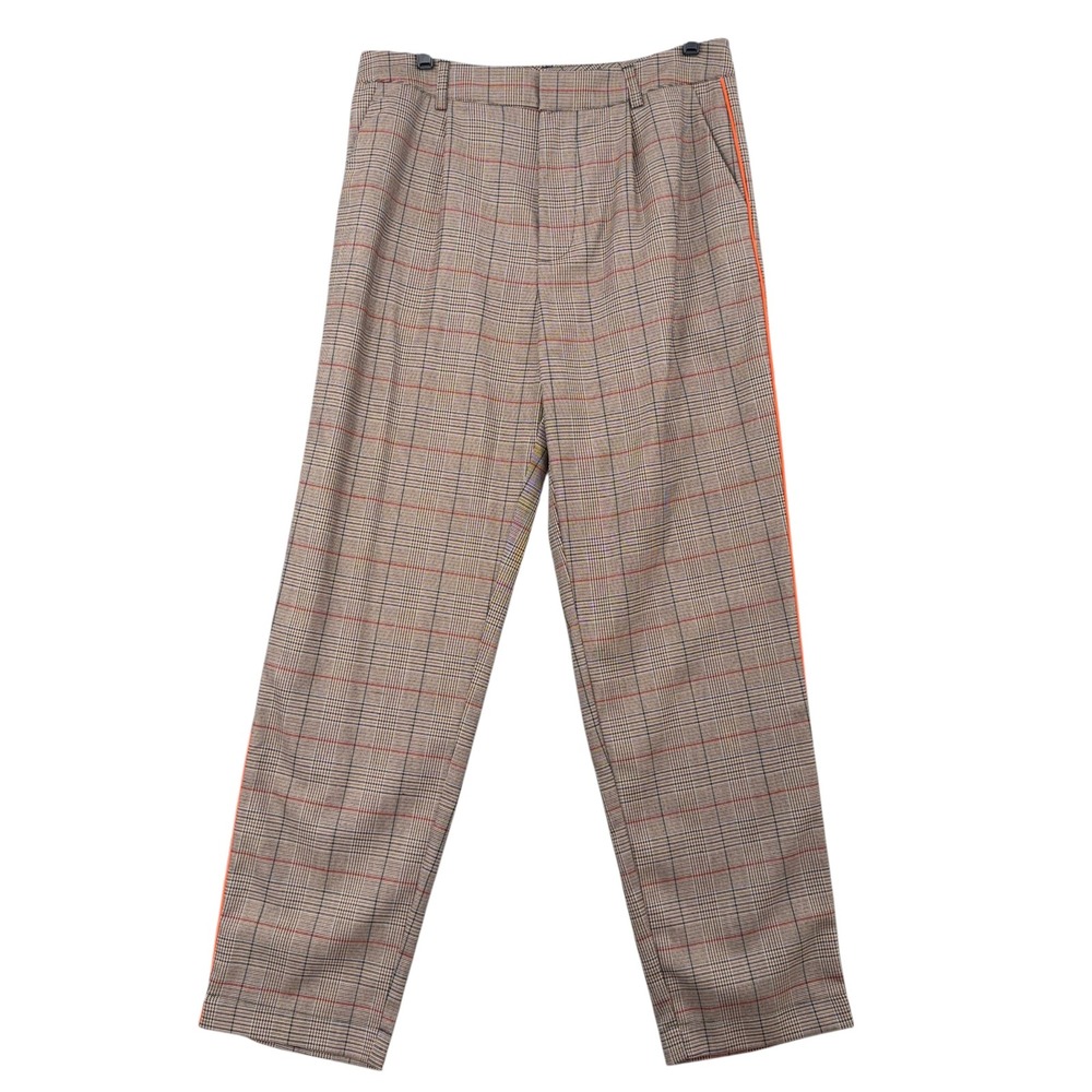 Collusion Women Tan Brown Plaid Orange Side Stripe Pleated Trousers Size M‎